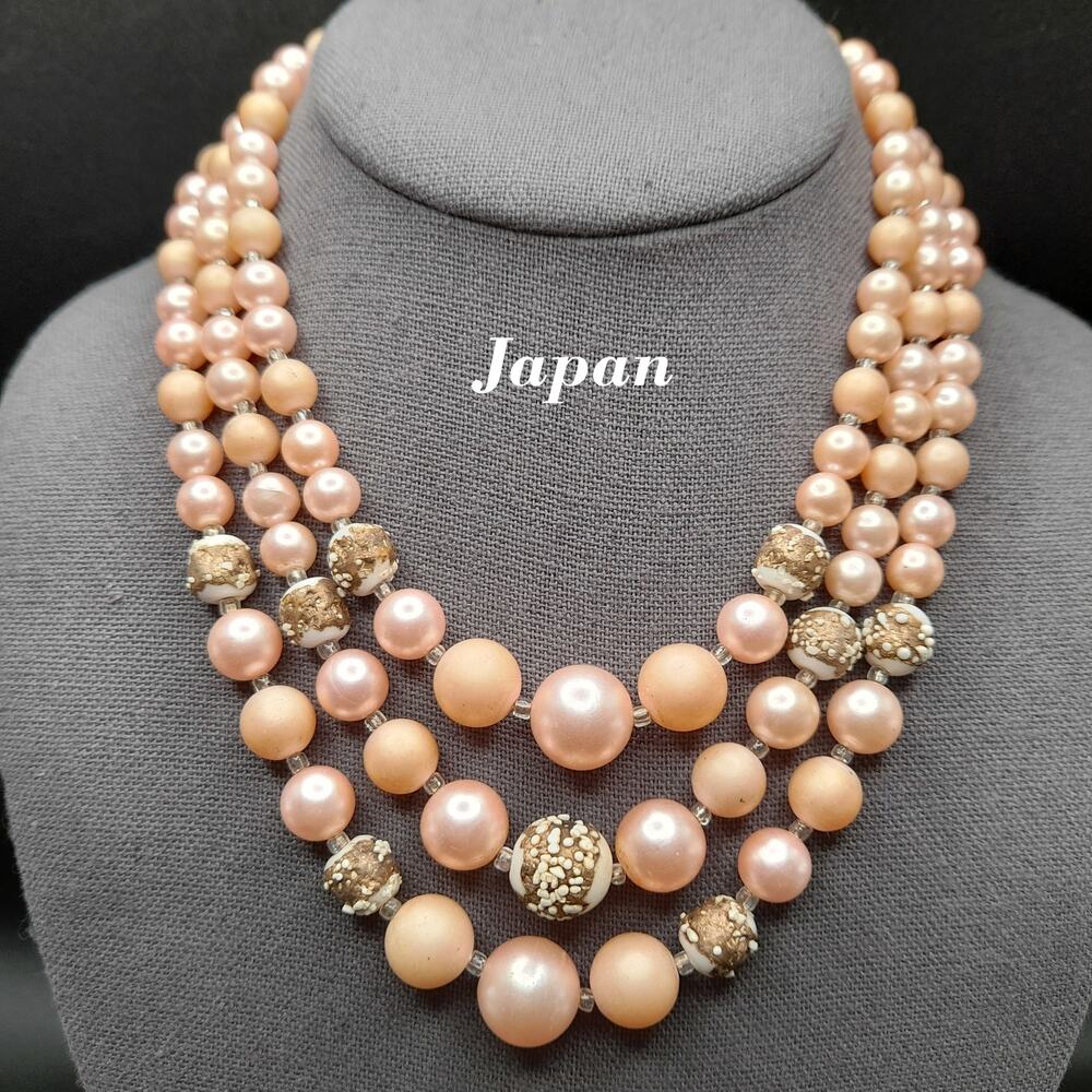 Vintage Japan Pink Art Glass Bead Necklace, 3 Strands, 1950s Jewelry